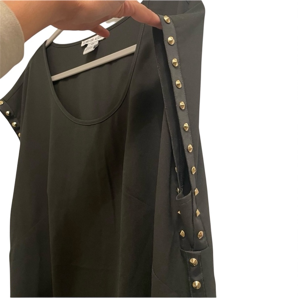 Black Midi Dress, Heavy Gold Studs, Scoop Neck, Rock n Roll, Flowy, Goth, Moto - Picture 3 of 10